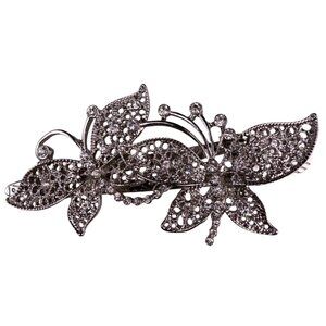 Silver Tone Rhinestone Butterfly Hair Clip Elegant Floral Filigree Design